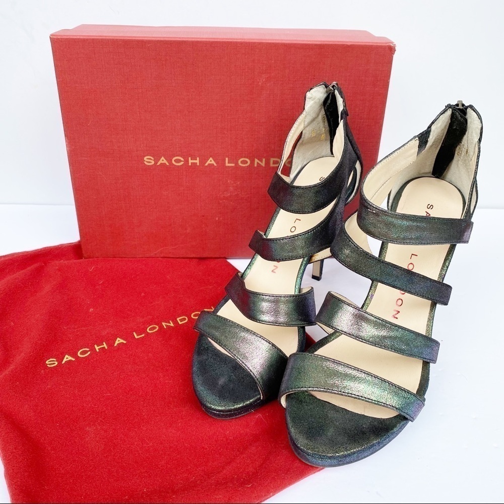 Sasha London Rebi Black Albeniz Iridescent Metallic Sandals Heels Size 10